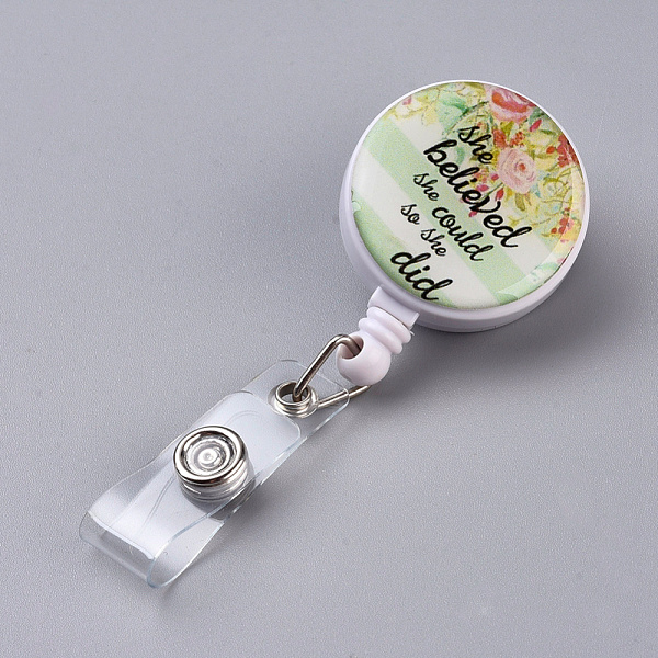 PandaHall ABS Plastic Retractable Badge Reel, Card Holders, with Iron Alligator Clips, Flat Round, Pale Green, 85x32x25.5~32.5mm, Hole: 7mm