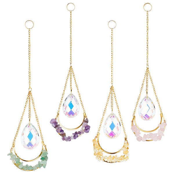 

PandaHall AHANDMAKER 4Pcs Crystal Suncatcher Window Hangings, 4 Style Chandelier Glass Teardrop Prism Suncatcher with Gemstone Chips..., White