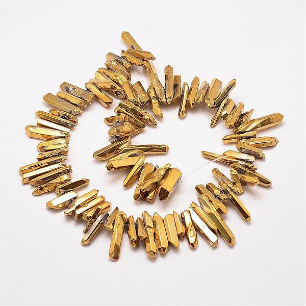 

PandaHall Electroplated Natural Quartz Crystal Beads Strands, Dyed, Nuggets, Goldenrod, 2~7x13~38x2.5~7mm, Hole: 1mm, about 83~92pcs/strand..., Gold