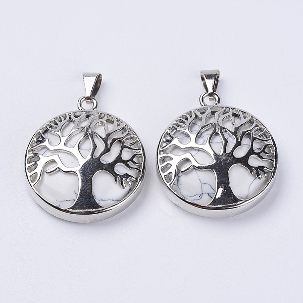 

PandaHall Natural Howlite Pendants, with Platinum Plated Brass Findings, Flat Round with Tree of Life, 31x27x8mm, Hole: 3.5x7mm Howlite Flat...