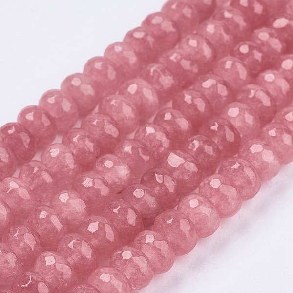 

PandaHall Natural White Jade Bead Strands, Dyed, Faceted, Rondelle, Salmon, 8x5~6mm, Hole: 1mm, about 63~68pcs/strand, 14.17~14.76 inch..., Red