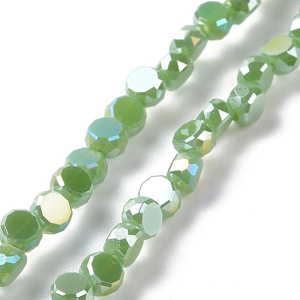 

PandaHall Electroplate Glass Beads Strands, AB Color Plated, Faceted, Flat Round, Lime Green, 4.5x3mm, Hole: 1mm, about 145~150pcs/strand...