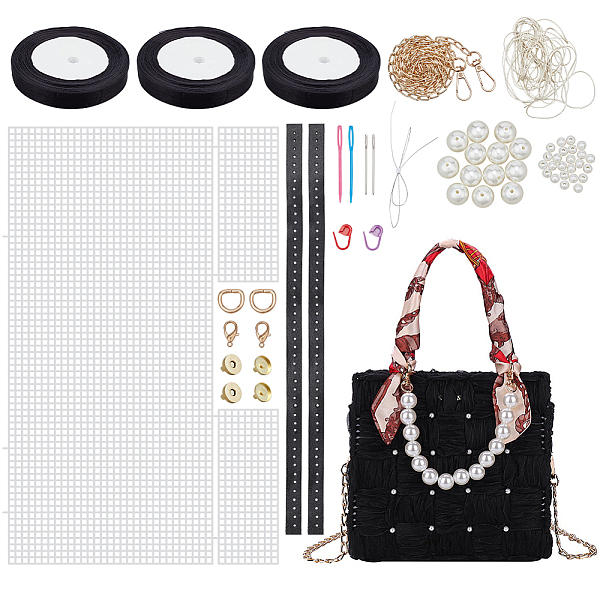 

PandaHall DIY Ribbon Knitting Women's Handbag Kits, including Plastic Mesh Canvas Sheets, Shoulder Strap, Bag Handle, Magnetic Clasp, Wax..., Black