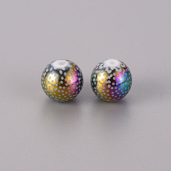 

PandaHall Electroplate Glass Beads, Round with Pattern, Multi-color Plated, 10mm, Hole: 1.2mm Glass Others
