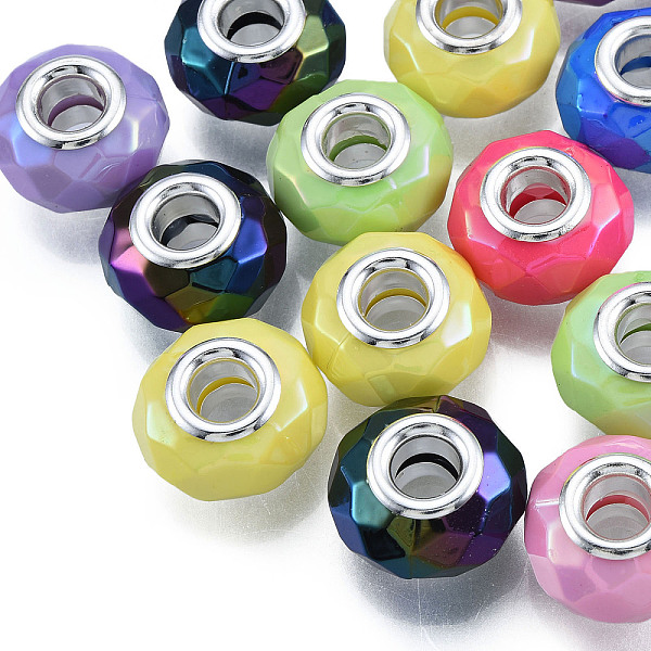 

PandaHall Opaque Large Hole Acrylic European Beads, with Silver Color Plated Iron Double Cores, Rondelle, Mixed Color, 15x8.5mm, Hole: 5mm..., Multicolor