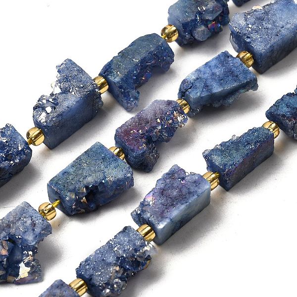 Galvani natürliche druzy Achat Perlen Stränge, Rechteck, mit Glasperlen, marineblau, 15-16.5x7.5-9.5x7.5-12 mm, Bohrung: 1 mm, ca. 10 Stk. / Strang, 7.36''-7.48'' (18.7-19 cm)