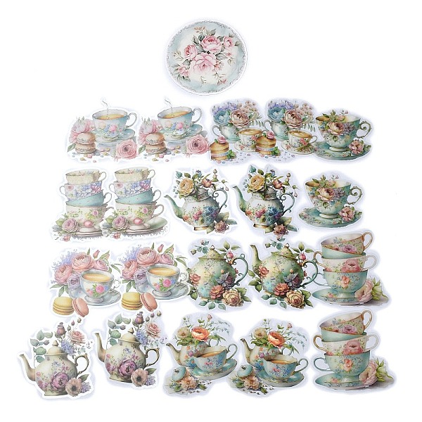 

PandaHall 20Pcs Romantic FLower Tea Cup and Pot PVC Self-Adhesive Waterproof Decorative Stickers, for DIY Scrapbooking, Light Blue...