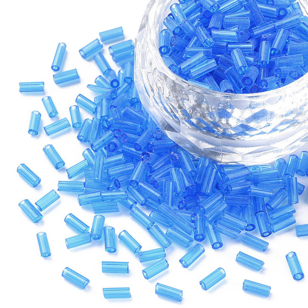 

PandaHall Transparent Glass Bugle Beads, Round Hole, Dodger Blue, 3~8x2mm, Hole: 0.7mm, about 450g/pound Glass