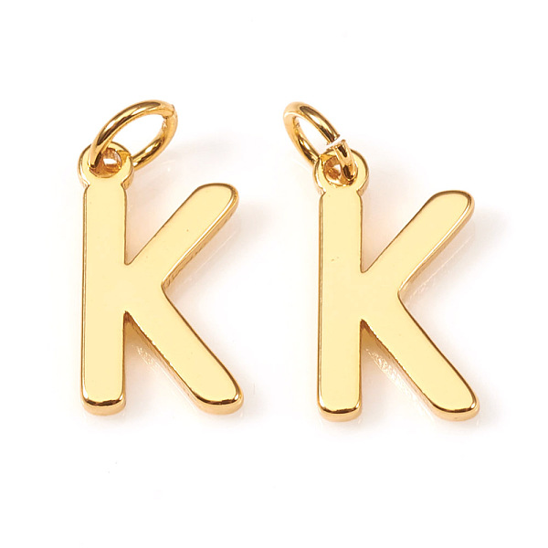 

PandaHall Brass Charms, with Jump Rings, Letter, Real 18K Gold Plated, Letter.K, K: 10x6.5x1mm, Hole: 2.5mm Brass Letter