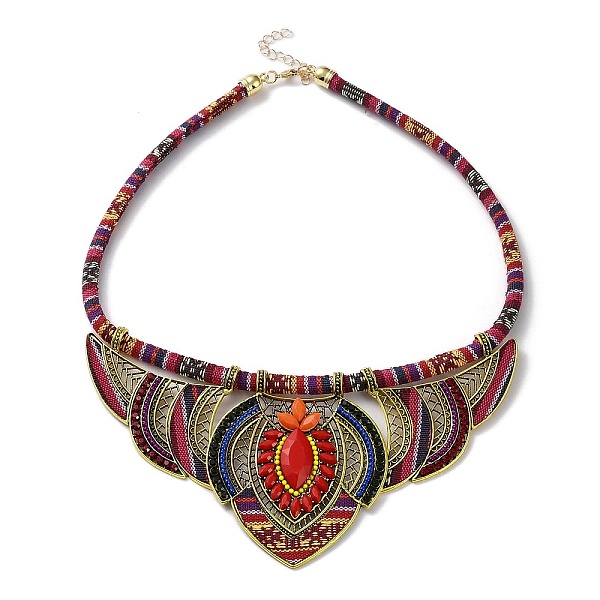 

PandaHall Alloy Rhinestone Teardrop Bib Necklace, Bohemia Necklace with Cloth Cords, Red, 19.09 inch(48.5cm) Rhinestone Red