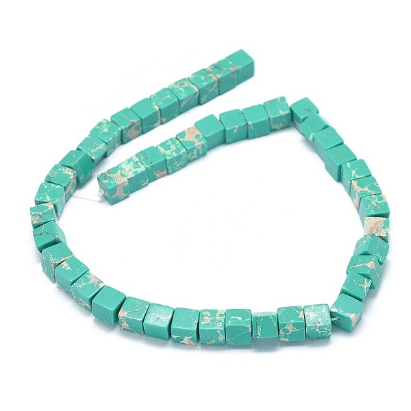

PandaHall Synthetic Imperial Jasper Beads Strands, Cube, Dyed, Medium Aquamarine, 8~8.5x8~8.5x8~8.5mm, Hole: 1.2mm, about 46pcs/strand, 15.3..., Green