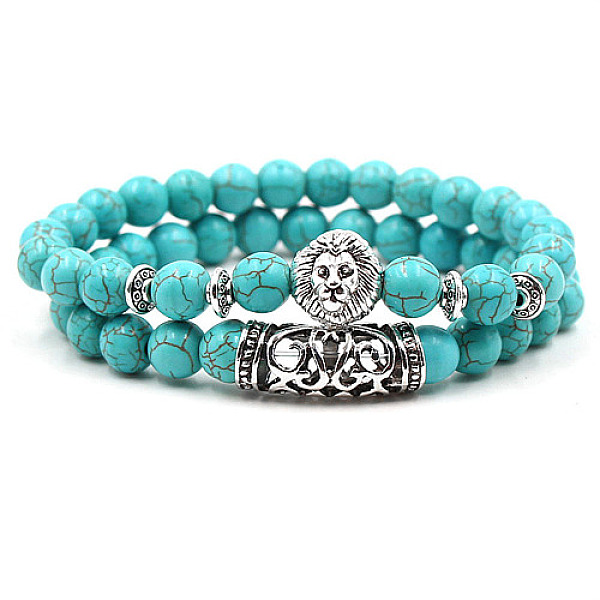 

PandaHall 2Pcs Synthetic Turquoise Stretch Bracelet Sets for Women Men, with Tibetan Style Alloy Beads, Lion, 2pcs/set Synthetic Turquoise...