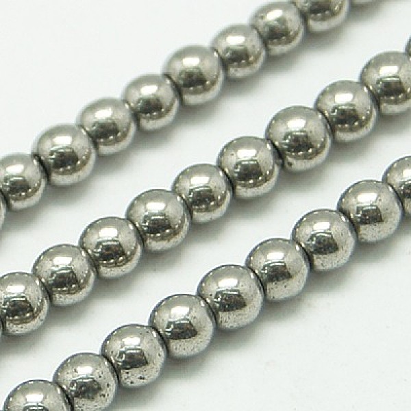 PandaHall Non-magnetic Synthetic Hematite Beads Strands, Round, Silver Plated, 4mm, Hole: 1mm, about 100pcs/strand, 15.7 inch Non-magnetic...