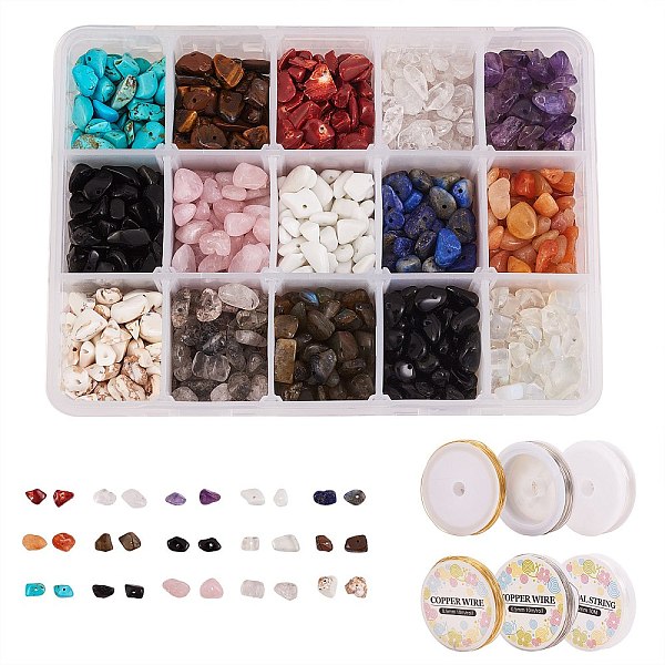 

PandaHall 300g Gemstone Chip Beads, 3 Rolls Copper Wire and Elastic Crystal Thread, for DIY Stretch Bracelet Making Kits, 5~15x5~10mm, 15...