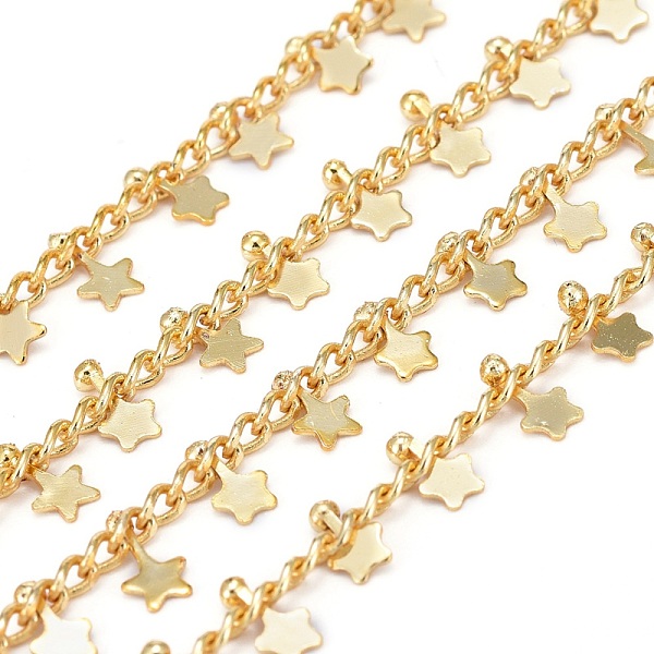 

PandaHall Handmade Brass Curb Chains, with Star Charms and Spool, Soldered, Long-Lasting Plated, Real 18K Gold Plated, Link: 3x2x1mm, Star...