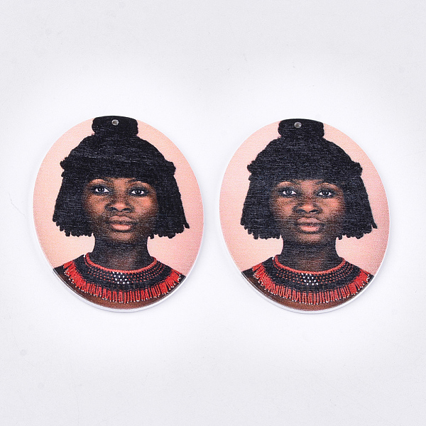 

PandaHall Printed Wooden Big Pendants, Dyed, Oval with Woman, Colorful, 63x50x2.5mm, Hole: 1.2mm Wood Oval