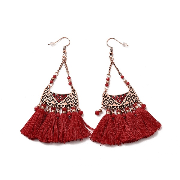 

PandaHall Rhinestone Triangle with Tassels Dangle Earrings, Iron Long Drop Earrings for Women, FireBrick, 90mm, Pin: 0.6mm Rhinestone Red