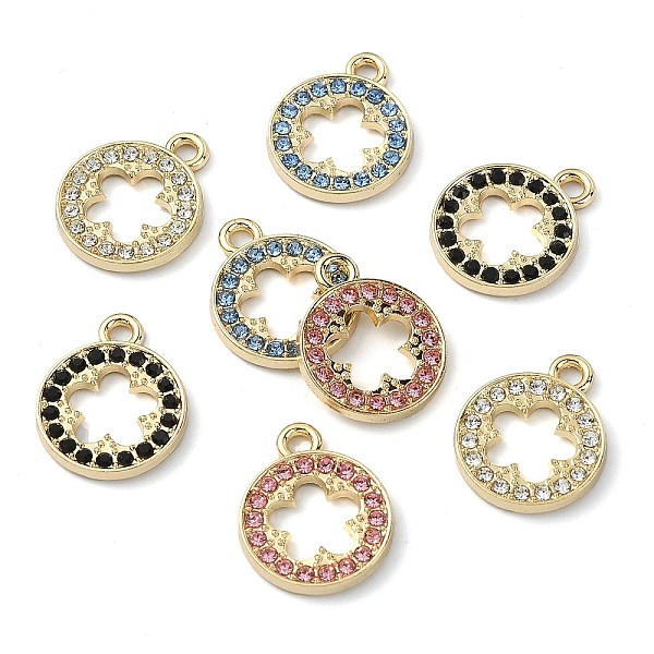 

PandaHall Golden Rack Plating Alloy Rhinestone Pendants, Nickel Free, Flat Round with Flower Charm, Mixed Color, 17x14x2mm, Hole: 1.8mm..., Multicolor
