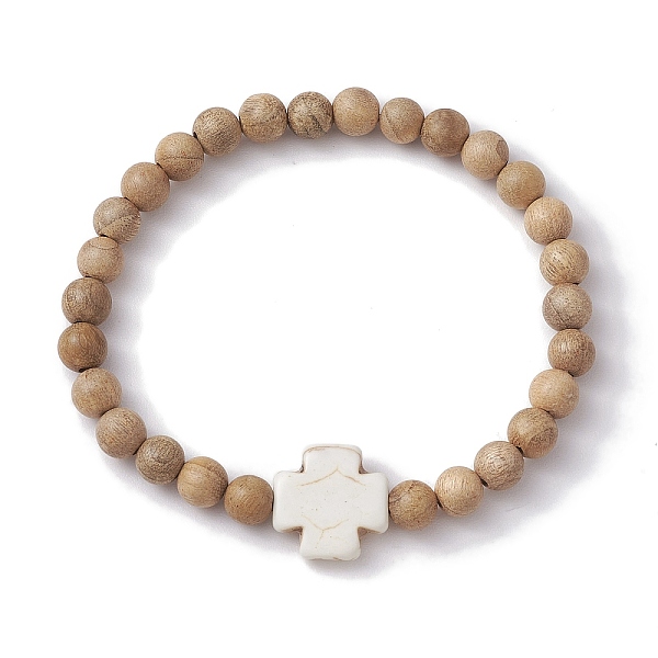

PandaHall 6mm Round Wood Beaded Stretch Bracelets, Cross Synthetic Turquoise Bracelets for Women, Camel, Inner Diameter: 2-1/4 inch(5.85cm)..., Brown