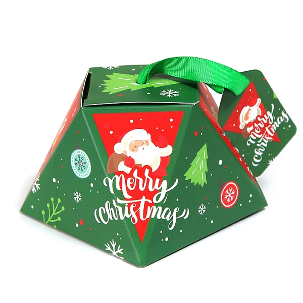 PandaHall Trapezoid Paper Bakery Boxes, with Ribbon, with NO Tag, for Mini Cake Cupcake Cookie Packing, Christmas Theme, Santa Claus Pattern...