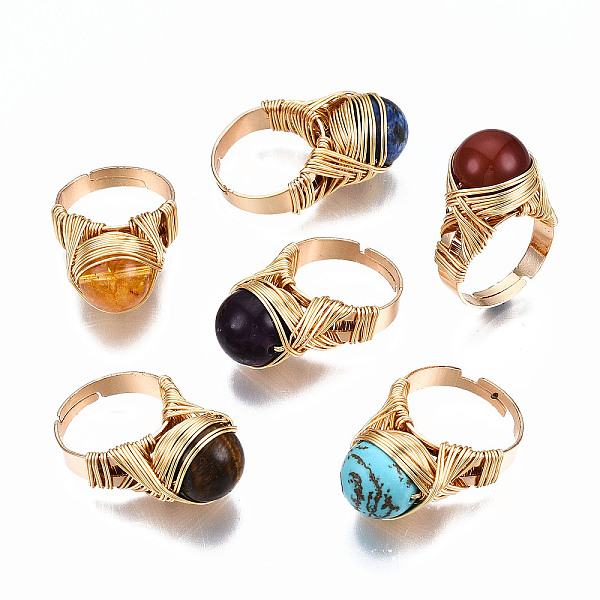 

PandaHall Adjustable Gemstone Round Finger Rings, with Brass Findings, US Size 7 1/4(17.5mm) Mixed Goldstone