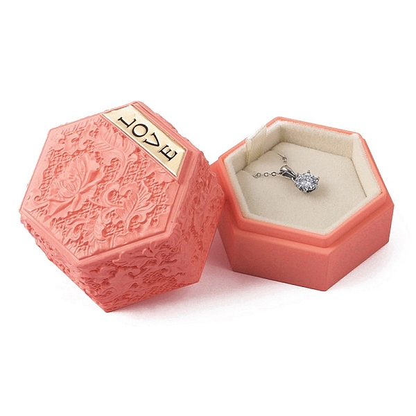 

PandaHall Embossed Hexagon Plastic Pendant Necklace Storage Boxes, with Sponge, Salmon, 5.5x5x4.85cm Plastic Hexagon Red