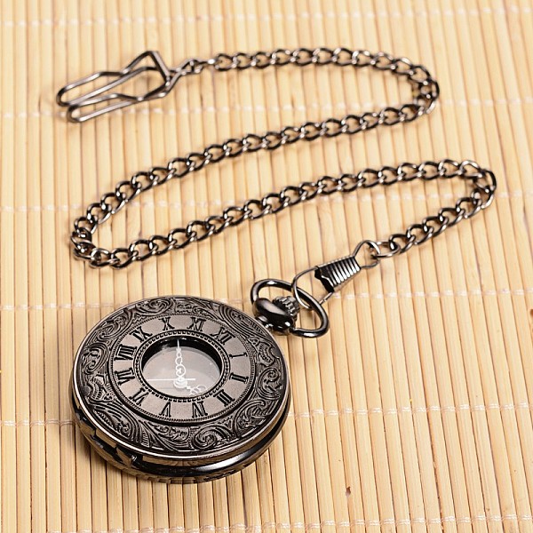 

PandaHall Openable Flat Round Alloy Pendant Pocket Watch, Quartz Watches, with Iron Chain, Gunmetal, 355mm, Watch Head: 59x47x14mm Alloy