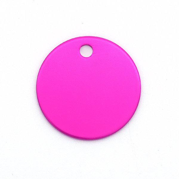 

PandaHall Colored Aluminum Pendants, Laser Cut, Double Sided Dog Pet Name Phone Number ID Tag Charm, Flat Round, Magenta, 20x1mm, Hole: 3mm..., Pink