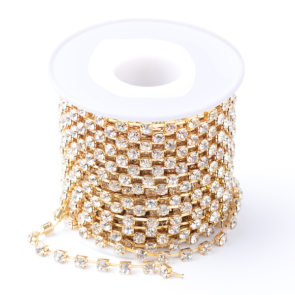 

PandaHall Brass Rhinestone Strass Chains, with Spool, Rhinestone Cup Chains, Raw(Unplated), Nickel Free, Crystal, 4mm, about 10yards/roll..., Clear
