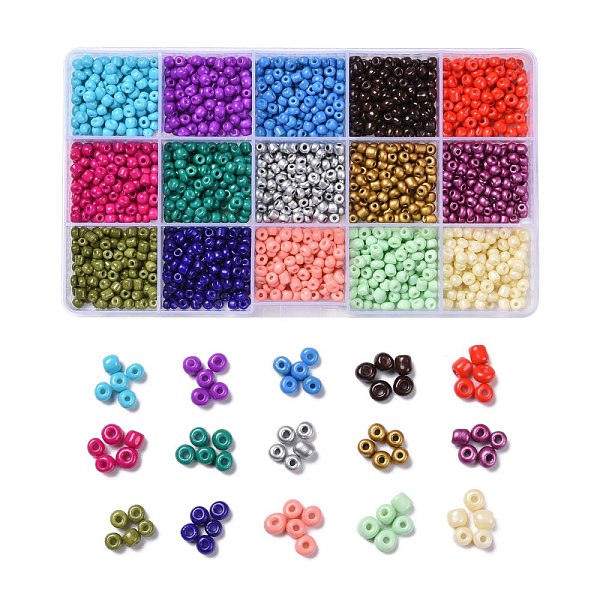 

PandaHall 180G 15 Colors Baking Paint Glass Seed Beads, Round, Mixed Color, 6/0, 4~5x2.5~4.5mm, Hole: 1.2~1.5mm, 12g/color Glass Multicolor
