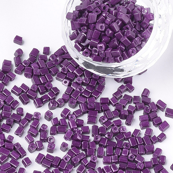 

PandaHall Baking Paint Glass Beads, Cube, Purple, 3~6x2~2.5x2~2.5mm, Hole: 1mm, about 15000pcs/bag Glass Cube Purple