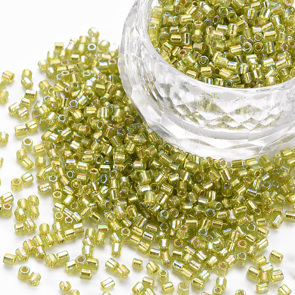 

PandaHall Glass Bugle Beads, Silver Lined Colours Rainbow, Yellow Green, 2.5~3x2mm, Hole: 0.9mm, about 15000pcs/pound Glass