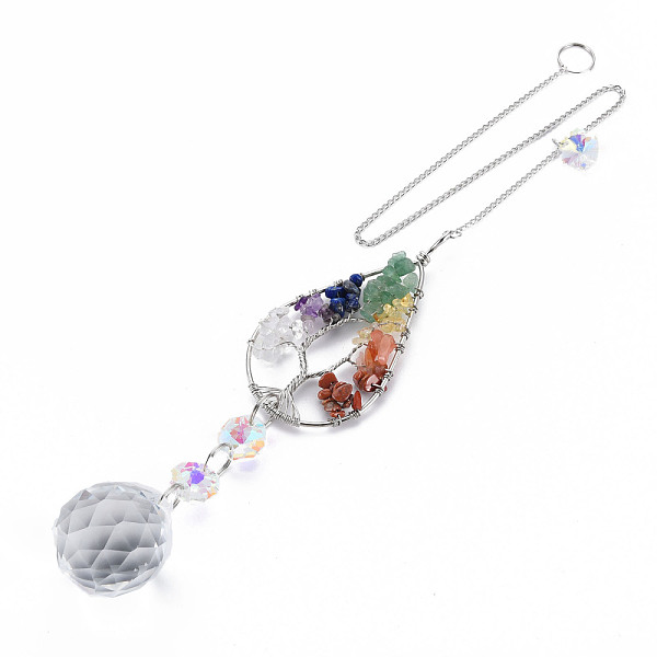 

PandaHall Natural Mixed Gemstone Big Pendants, with Platinum Brass Chain Extender and Findings, Plating Glass Flat Round & Flower, Clear AB..., White