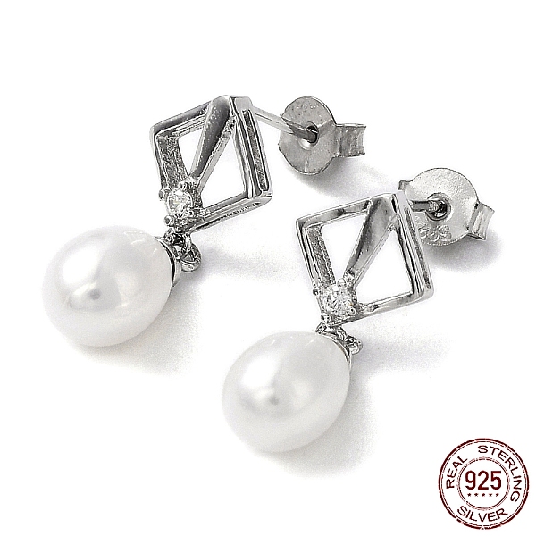 

PandaHall Cubic Zirconia Rhombus with Natural Pearl Dangle Stud Earrings, Rhodium Plated 925 Sterling Silver Earrings for Women, Platinum...