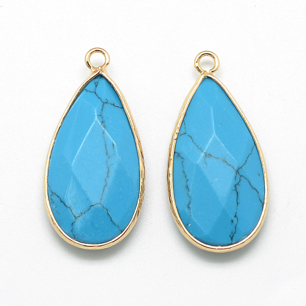 

PandaHall Synthetic Turquoise Pendants, with Golden Tone Brass Findings, Faceted, teardrop, Deep Sky Blue, 32.5~33x16x6mm, Hole: 2.5mm...
