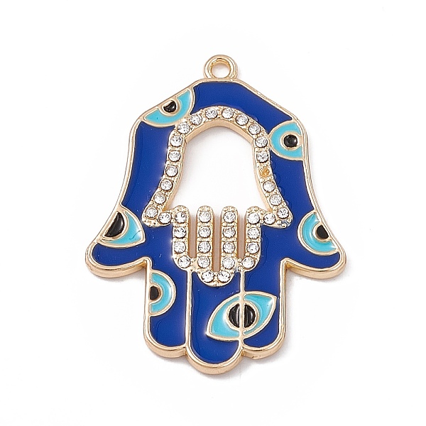 

PandaHall Alloy Enamel Pendants, with Crystal Rhinestone, Hamsa Hand with Evil Eye Charms, Light Gold, 38x28x2mm, Hole: 1.6mm Alloy..., Blue