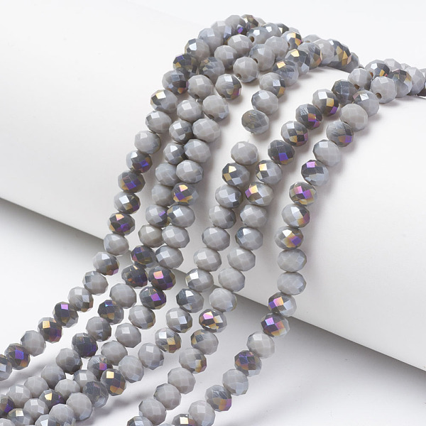 

PandaHall Electroplate Opaque Glass Beads Strands, Half Purple Plated, Faceted, Rondelle, Silver, 8x6mm, Hole: 1mm, about 63~65pcs/strand...