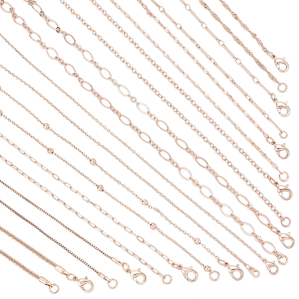 10Pcs 10 Styles Brass Paperclip & Cable & Box & Satellite & Bar Link Chain Necklaces Set