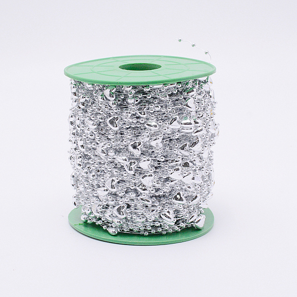 

PandaHall Handmade ABS Plastic Beaded Chains, with Spool, Heart & Round, Silver, Heart: 9x10x5mm, Round: 3mm, about 60m/roll Plastic Silver