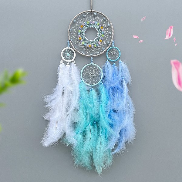 

PandaHall Woven Web/Net with Feather Decorations, with Iron Ring, for Home Bedroom Hanging Decorations, Light Sky Blue, 730mm Feather...