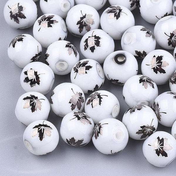 

PandaHall Autumn Theme Electroplate Glass Beads, Round with Maple Leaf Pattern, Coconut Brown, 8~8.5mm, Hole: 1.5mm Glass Leaf Brown