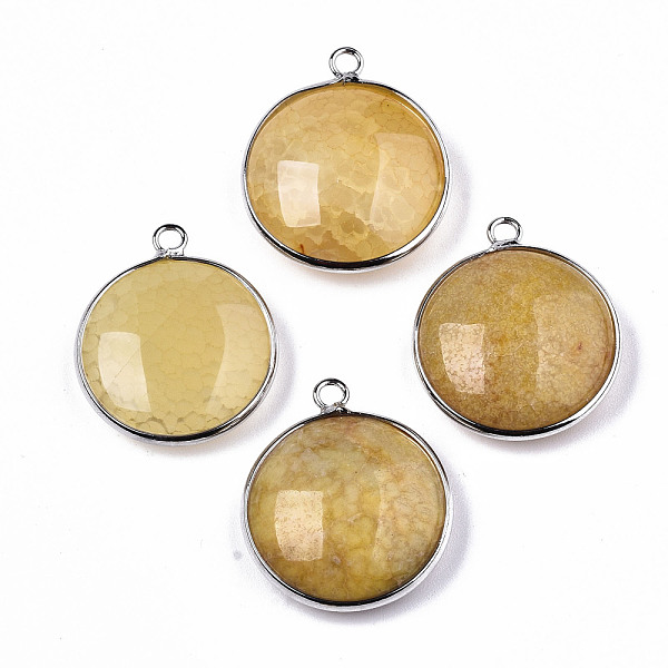 

PandaHall Natural Crackle Agate Pendants, with Platinum Plated Brass Findings, Dyed & Heated, Flat Round, Light Khaki, 27~28x23~24x7~9.5mm...