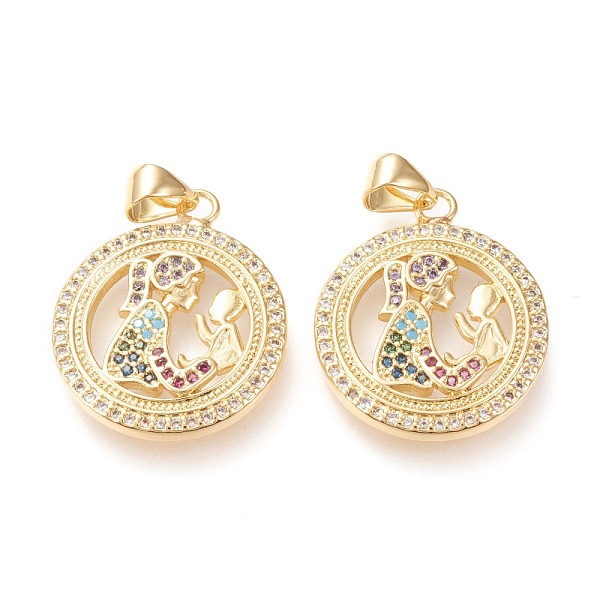 PandaHall Brass Micro Pave Clear Cubic Zirconia Pendants, Mother's Day, Long-Lasting Plated, Flat Round with Human, Colorful, Golden...
