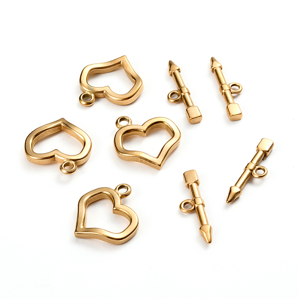 

PandaHall Ion Plating(IP) 304 Stainless Steel Toggle Clasps, Heart & Arrow, Golden, Ring: 20x18x3mm, Hole: 2mm, Bar: 23.5x6.5x2.5mm, Hole...