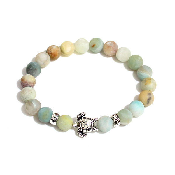 Flower Amazonite Round Beaded Stretch Bracelet With Turtle