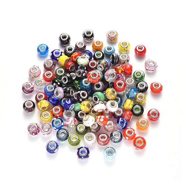 

PandaHall Handmade Lampwork European Beads, Large Hole Rondelle Beads, with Platinum Tone Brass Double Cores, Mix Pattern, Mixed Color..., Multicolor
