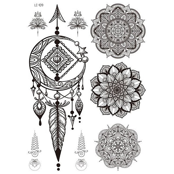 

PandaHall Mandala Pattern Vintage Removable Temporary Water Proof Tattoos Paper Stickers, Mixed Patterns, 21x15cm Paper Black