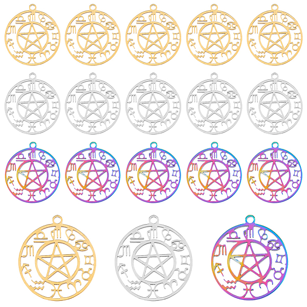 

PandaHall DICOSMETIC 18Pcs 3 Colors 304 Stainless Steel Pendants, Hollow, Flat Round with Star & Constellation, Mixed Color, 27.5x24.5x1.4mm...