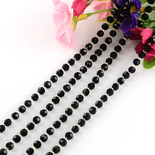 

PandaHall Handmade Brass Beaded Chains, Soldered, with Spool with Faceted Round Glass Beads, Raw(Unplated), Black, 4mm, about 32.8 Feet...