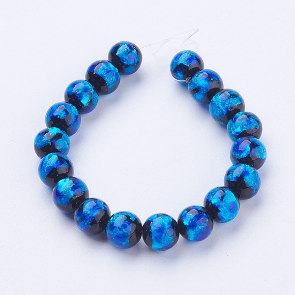 

PandaHall Handmade Silver Foil Glass Lampwork Beads Strands, Round, Blue, 10~11mm, Hole: 2mm, about 18pcs/strand, 7.08 inch(18cm) Foil Glass...